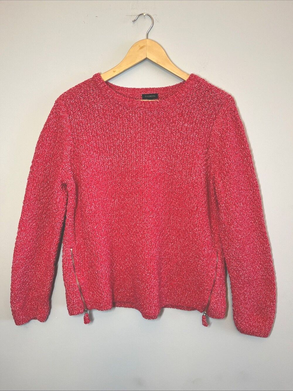 TALBOTS | Hot Pink/White Marled Bouclé Cotton Chunky Knit Sweater Size Large